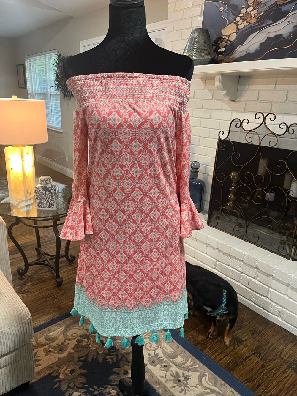Cabana Life  Coral and Mint Off-Shoulder Mini Dress with Tassel Hem